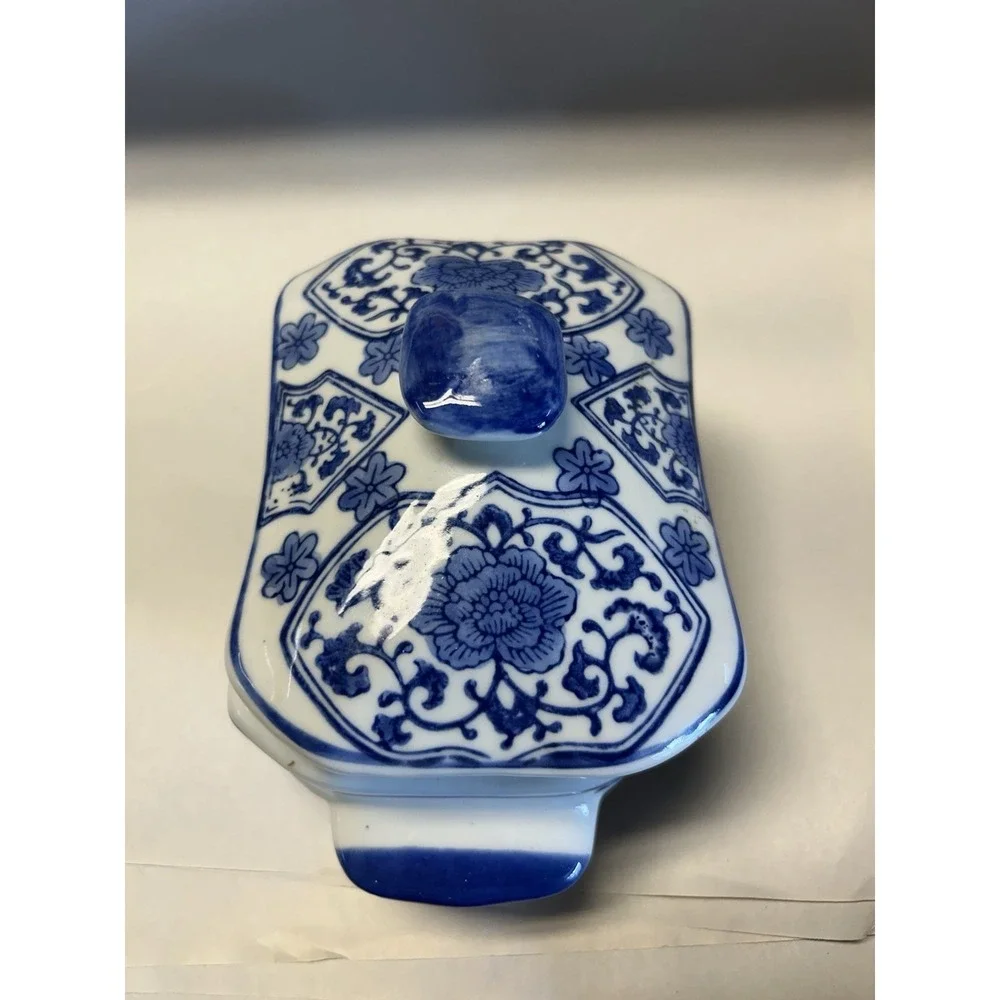 Vintage Blue & White Chinese Bowl with Lid, Hallmarked